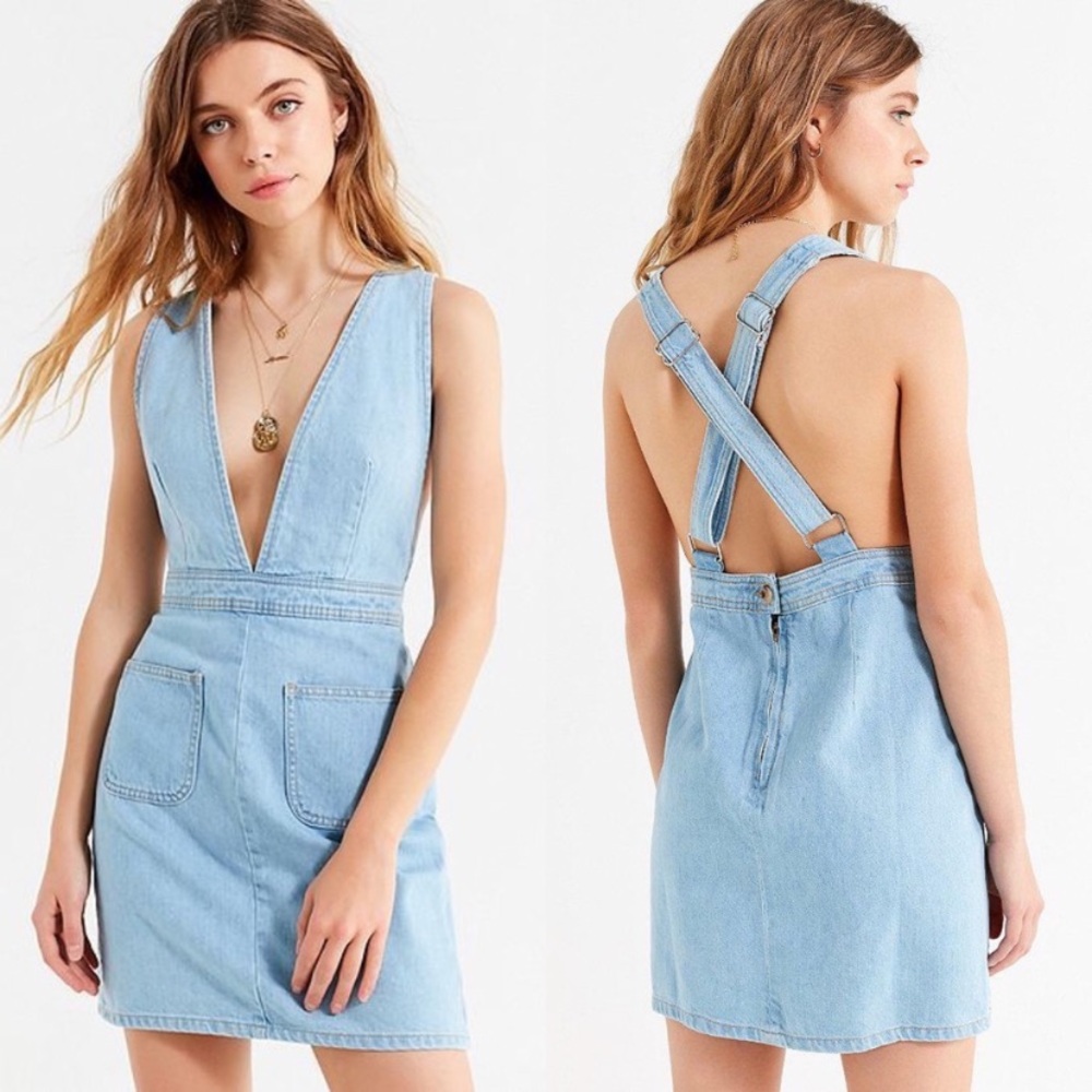 UO denim dress plunge pinafore